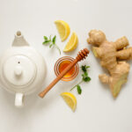 Ginger tea ingredients concept, healthy comforting and heating tea under simple recipe, view from above