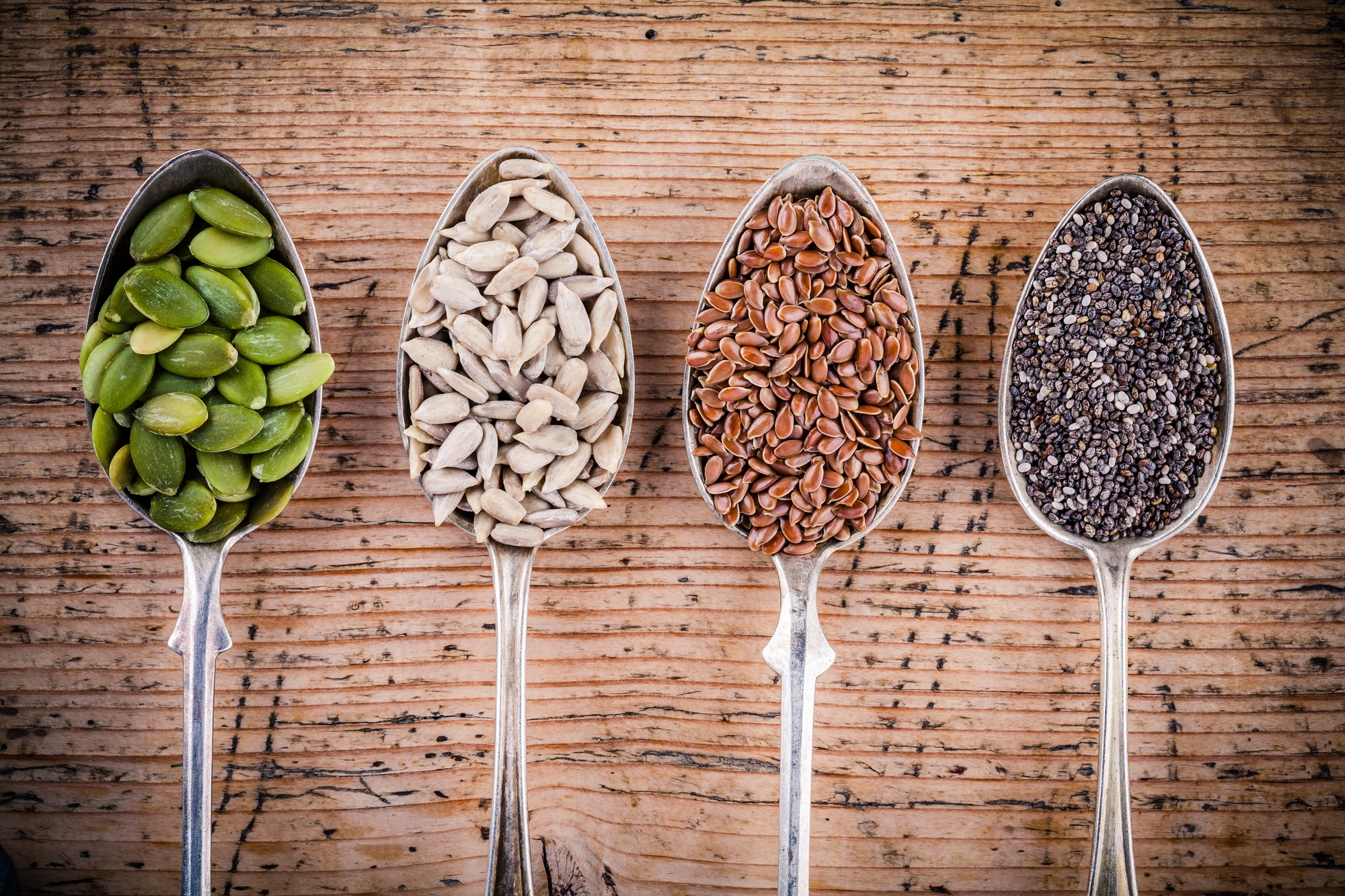 Healthy superfood: pumpkin seeds, sunflower seeds, flax seeds and chia