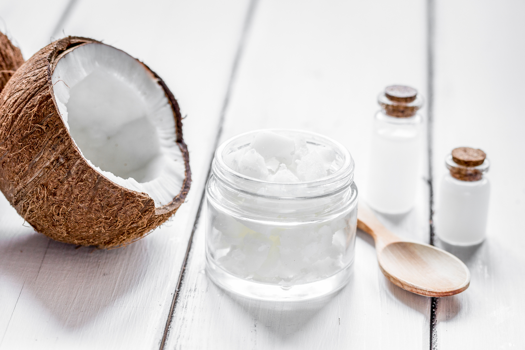 organic cosmetics with coconut on white background mock-up