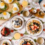 Breakfast - round white ceramic plate filled with waffle