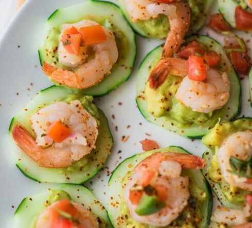 Foods - Cooked Shrimps on Cucumber Slices