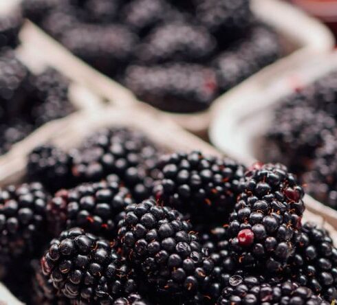 Superfoods - Blackberries and other fruits are displayed in baskets