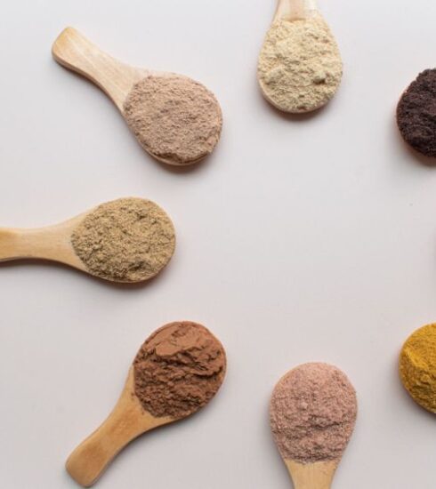 Superfoods - a group of spoons filled with different types of powder