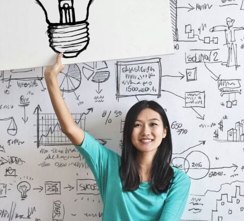 Ideas - Woman Draw a Light bulb in White Board