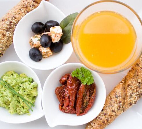 Diet - Bread, Juice, and Berries on White Ceramic Plate