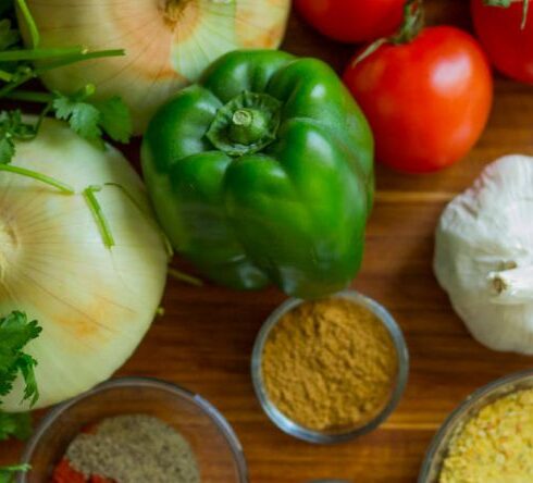 Diet - Assorted Vegetables and Spices on Wood Surface