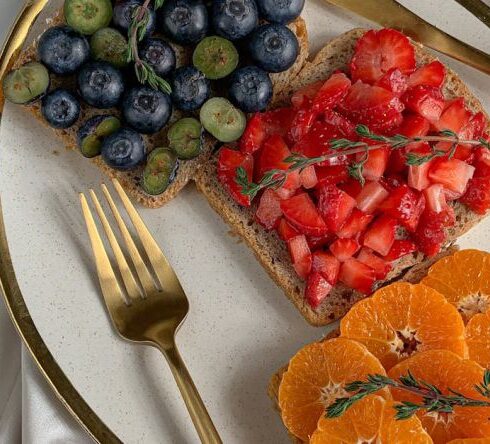 Foods - A Fresh Fruits on Top of the Bread on a Ceramic Plate