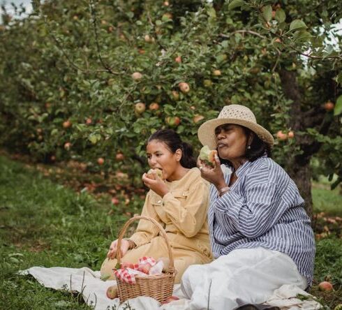 Eating - Ethnic mother and daughter eating apples during picnic