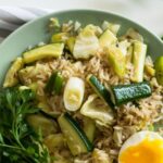 Diet - Rice With Zucchini, Soft Boiled Egg, and Parsley in Green Ceramic Plate