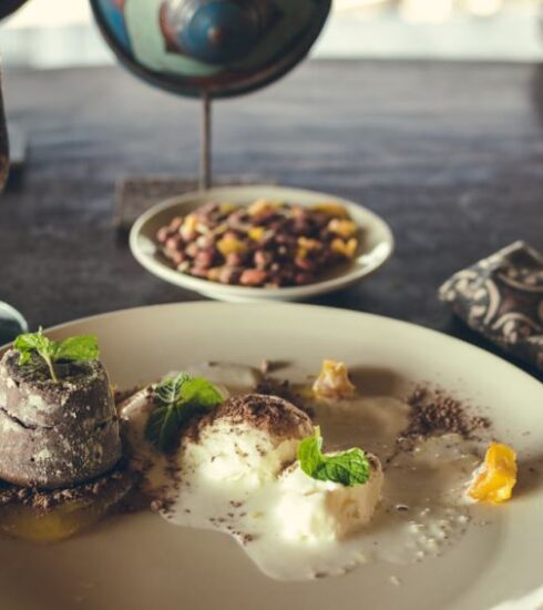 Dinner - ice cream with vegetable on plate