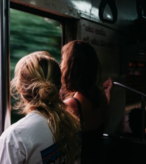 Traveling - two person standing on train window