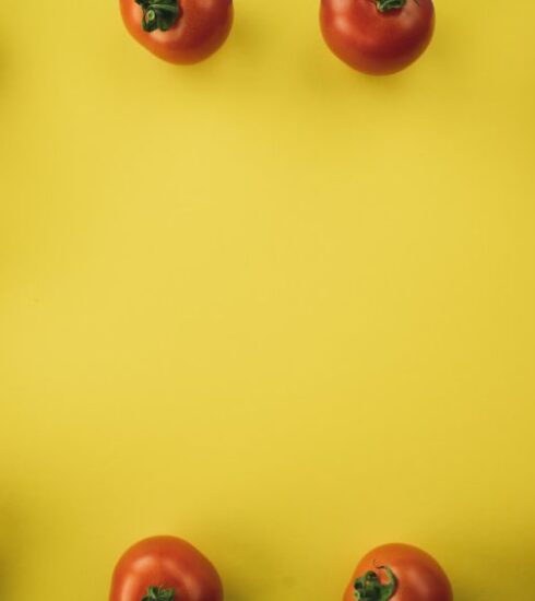 Diet - red tomato fruit on yellow background