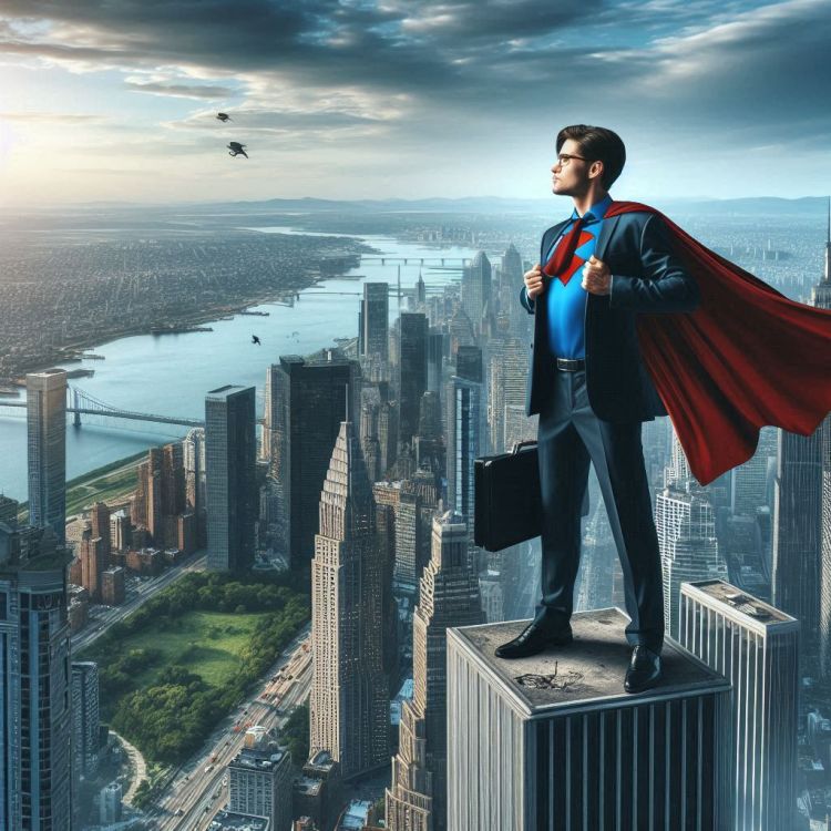 man in superman costume standing on roof