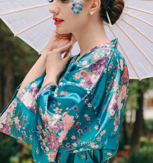 Kimonos - A woman in a blue kimono with a white umbrella