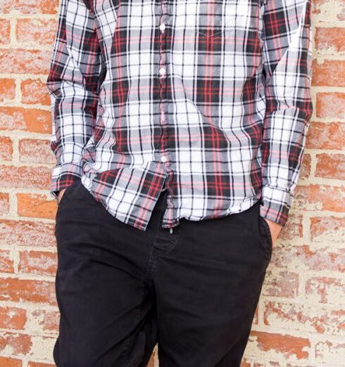 Pants - Man Wearing Red And White Plaid Dress Shirt And Black Pants