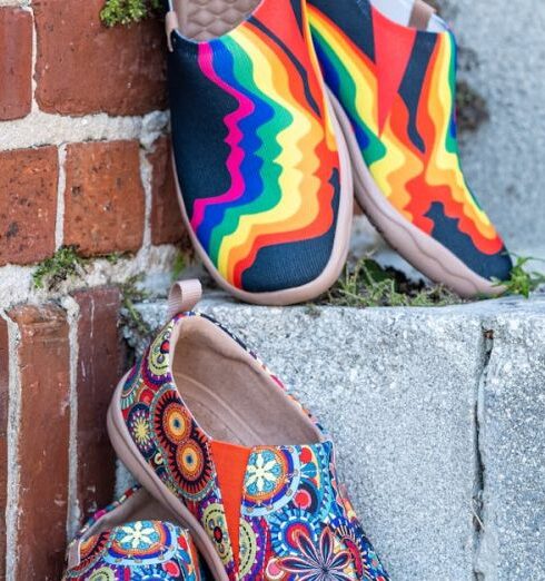 Wedges - A pair of colorful shoes sitting on a brick wall