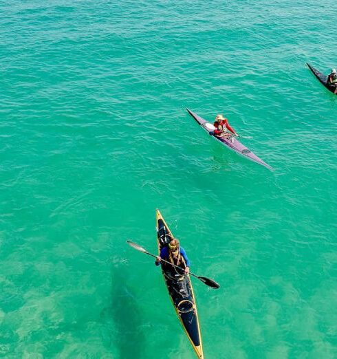 Kayaking - Three Yellow and Pink Kayak