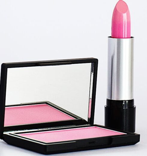 Products - Close-Up Photo of Pink Lipstick and Blush-On