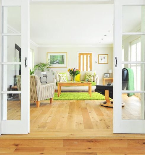 Living - Brown Coffee Table on Green Area Rug