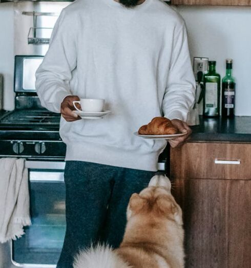 Pet - Black man standing with cup of coffee and croissant near Akita Inu