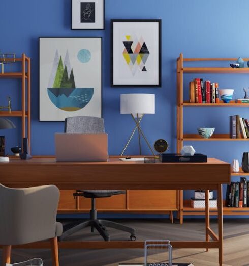 Decor - Brown Wooden Desk With Rolling Chair and Shelves Near Window