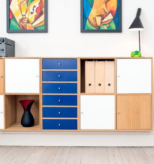 Furniture - Brown, White, and Blue Wooden Board