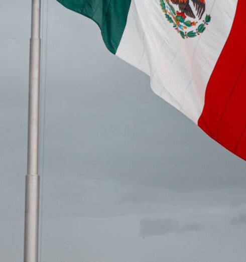 Foreign Country - monumental mexican flag waving on a rainy day in puebla