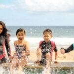 Family Trip - Woman and Three Children Playing Water