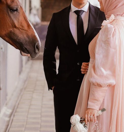 Animal Encounters - Elegant Couple with Horse in Wedding Attire