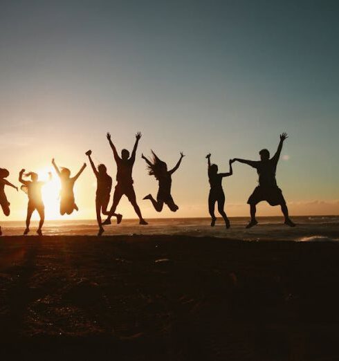 Friends - Silhouette Photography of Group of People Jumping during Golden Time