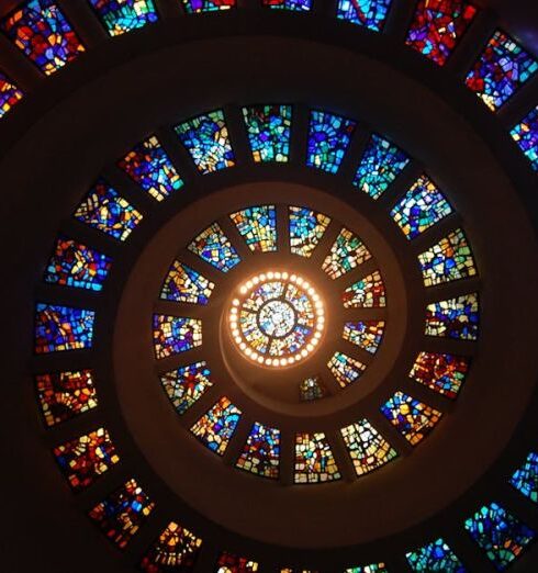 Art - Worms Eye View of Spiral Stained Glass Decors Through the Roof