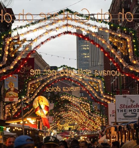 Street Performers - Festive Street Market with Vibrant Lights Display