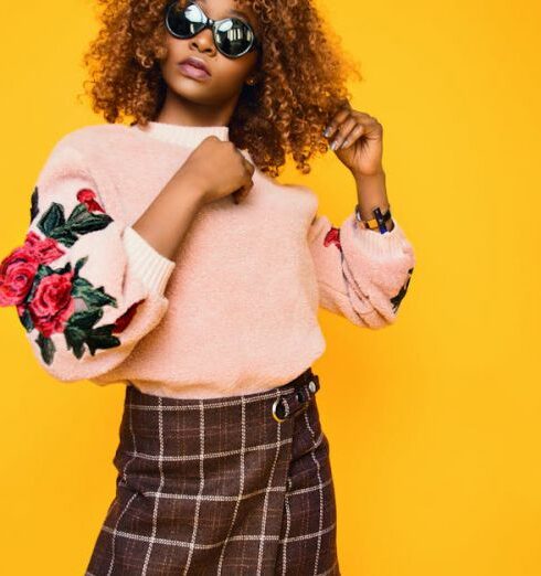 Fashion - Women's Pink Sweatshirt and Brown Plaid Skirt