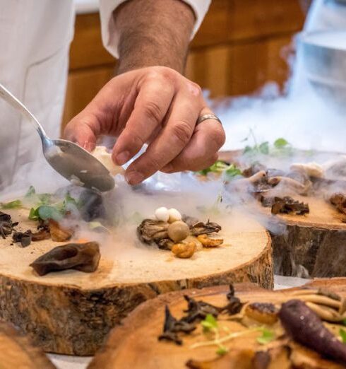 Cooking - Chef Preparing Vegetable Dish on Tree Slab