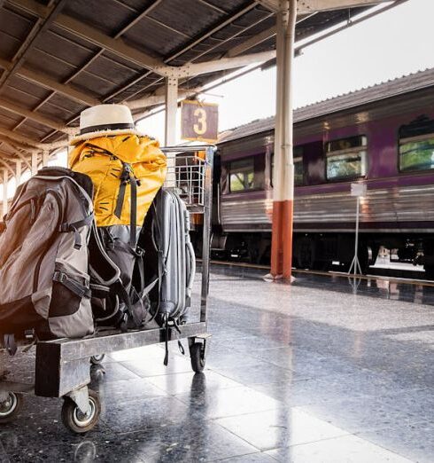 Luggage - Several Bags on Trolley Near Train in Station