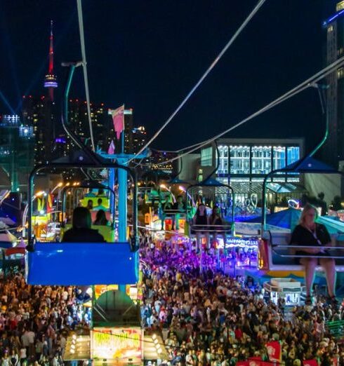 Activities - Cable way near Ferris wheel and anonymous tourists in city