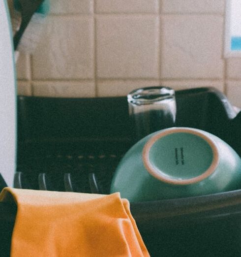 Dishes - Yellow Latex Gloves On Dish Rack