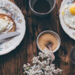 Meals - Breakfast Meals beside a Cup of Coffee on a Wooden Table