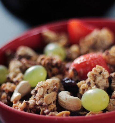 Muesli - Cooked Rice With Beans on Red Bowl