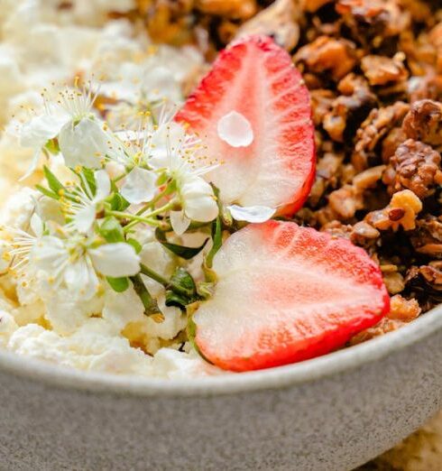 Muesli - Cottage Cheese, Muesli and Strawberry in Bowl