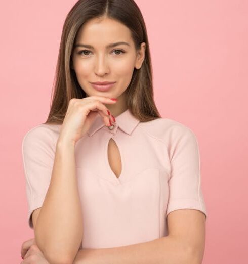 Blouse - Woman Wearing Pink Collared Half-sleeved Top