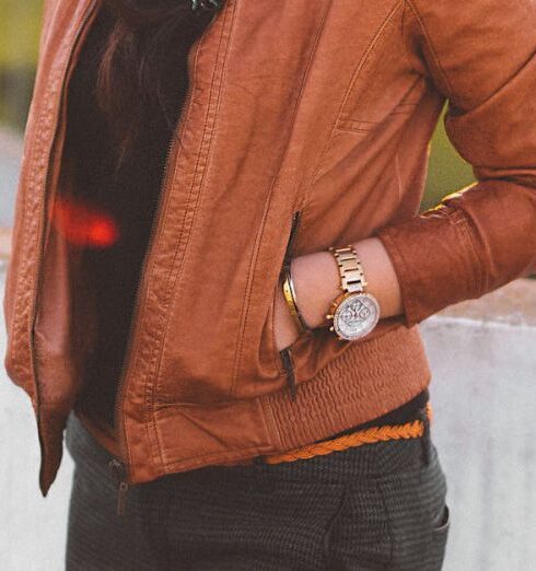 Jacket - Woman Wearing Brown Leather Jacket and Black Pants