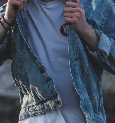 Jacket - Man in Blue Denim Jacket, White Crew-neck Shirt and Black Pants