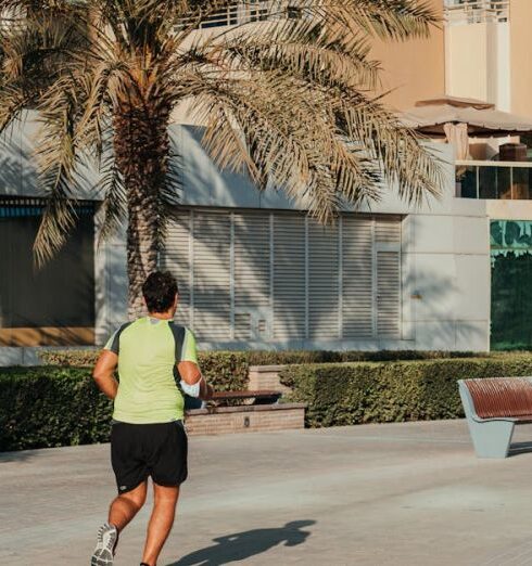 Joggers - Morning waterfront promenade with palm trees and jogger on modern marina walkway