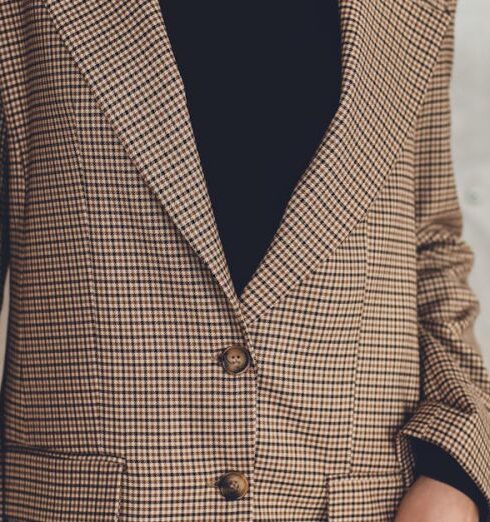 Blazer - Woman in Brown and White Checkered Blazer