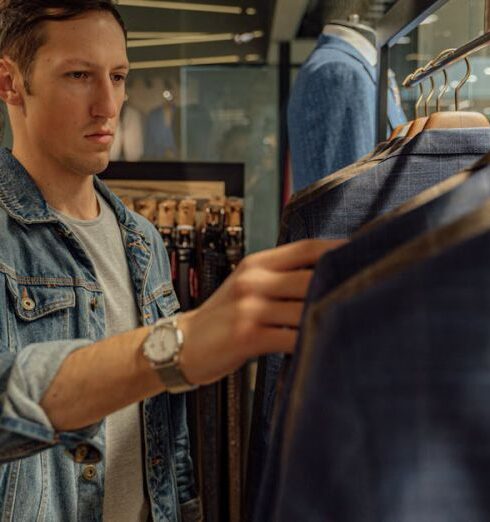 Jackets - Man in Blue Denim Button Up Shirt Holding Black Pants