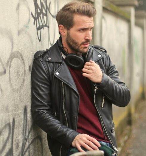 Jackets - Man Wearing Black Full-zip Biker Jacket