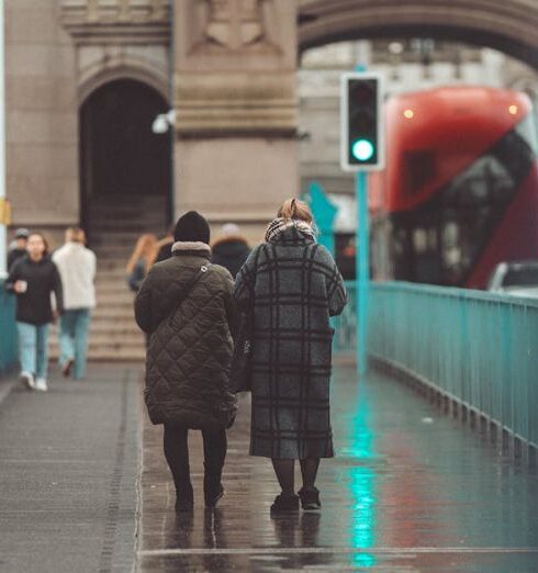 Coats - People walking on a bridge in the rain