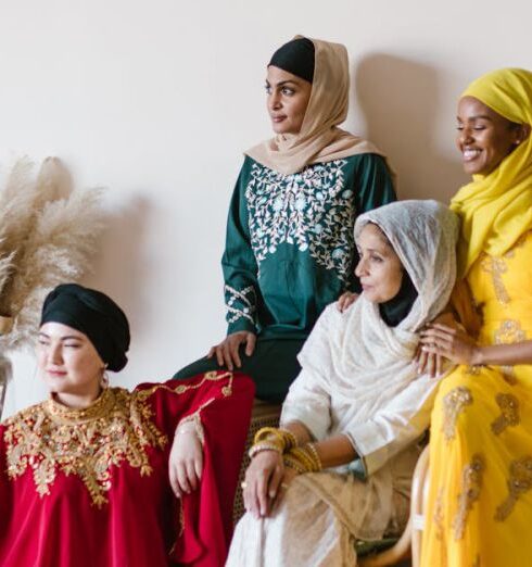 Dresses - Group of Women in Yellow and Red Dresses