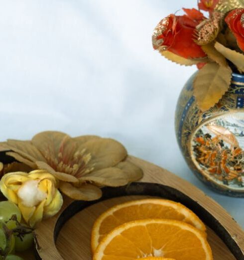 Healthy Eating - A tray with fruit and flowers on it